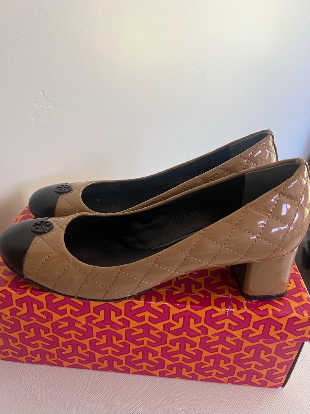 Tory Burch Tan Patent Quilted Block Heel Pumps with Black Cap Toe